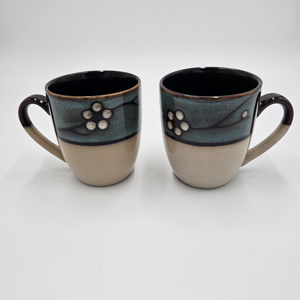 Pfaltzgraff Village Flora Teal Stoneware Coffee Mugs‎ Set of 2